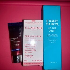 3 pc Prestige Anti-Aging Skincare Minis: Eight Saints, Clarins, Strivectin NEW